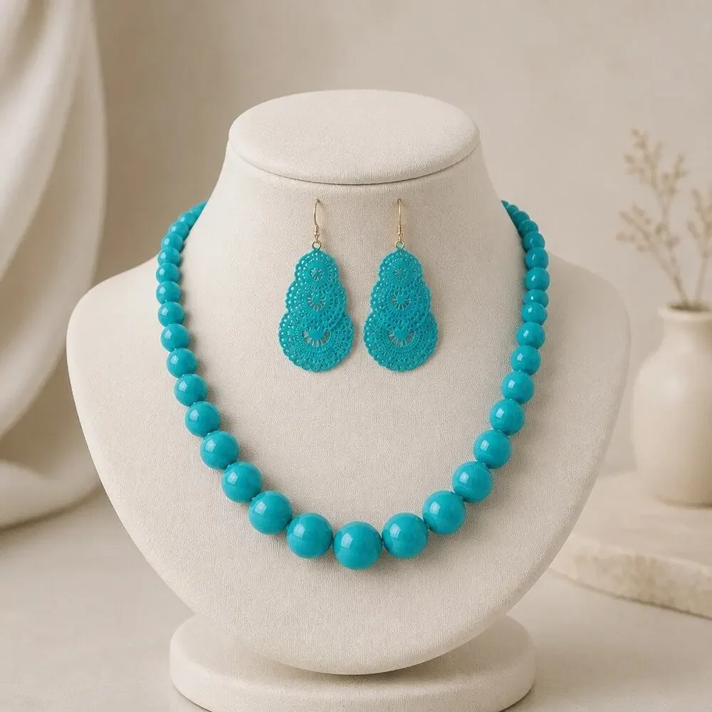 Chunky Howlite Turquoise Beaded Necklace & Curated Featherlike Chandelier Drops